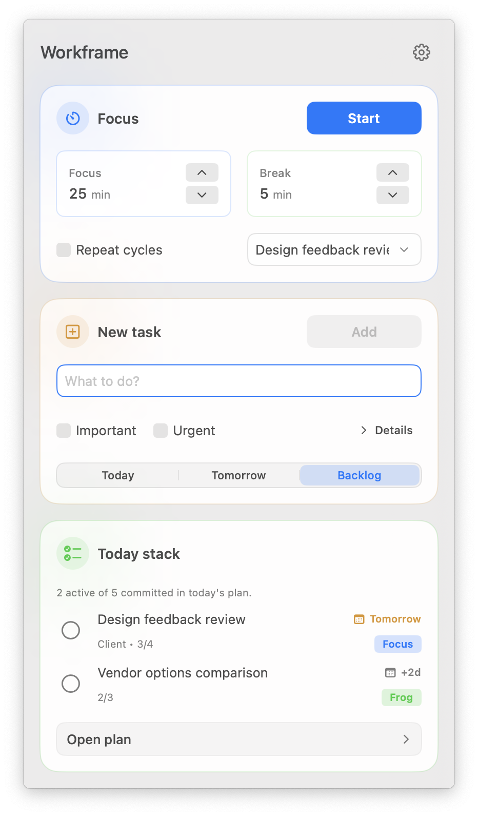 Workframe menu-bar popover in light mode with focus controls, quick capture and Today stack.