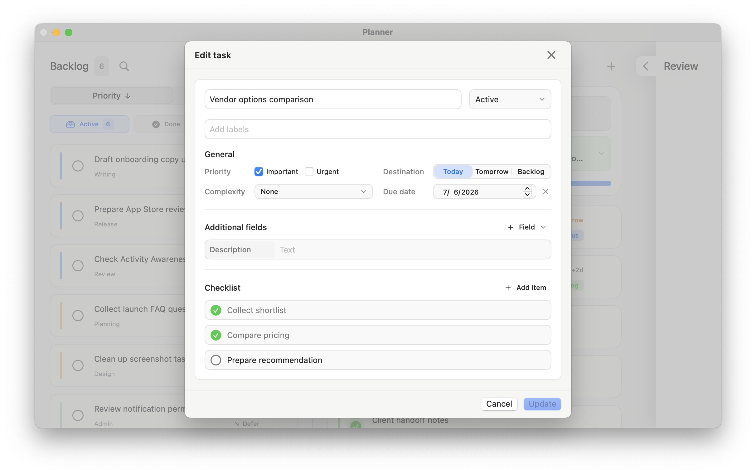Workframe task editor in light mode showing priority, destination, due date and checklist progress.