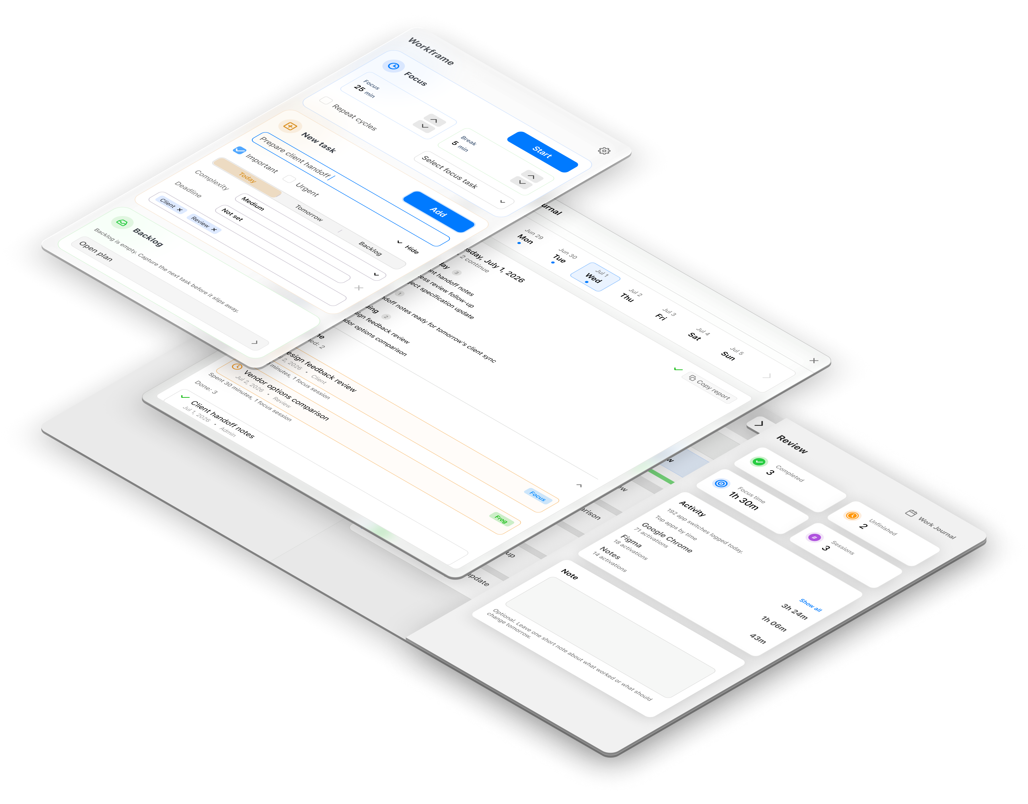 Layered Workframe app surfaces showing the menu-bar popover, Work Journal, Review and Planner.