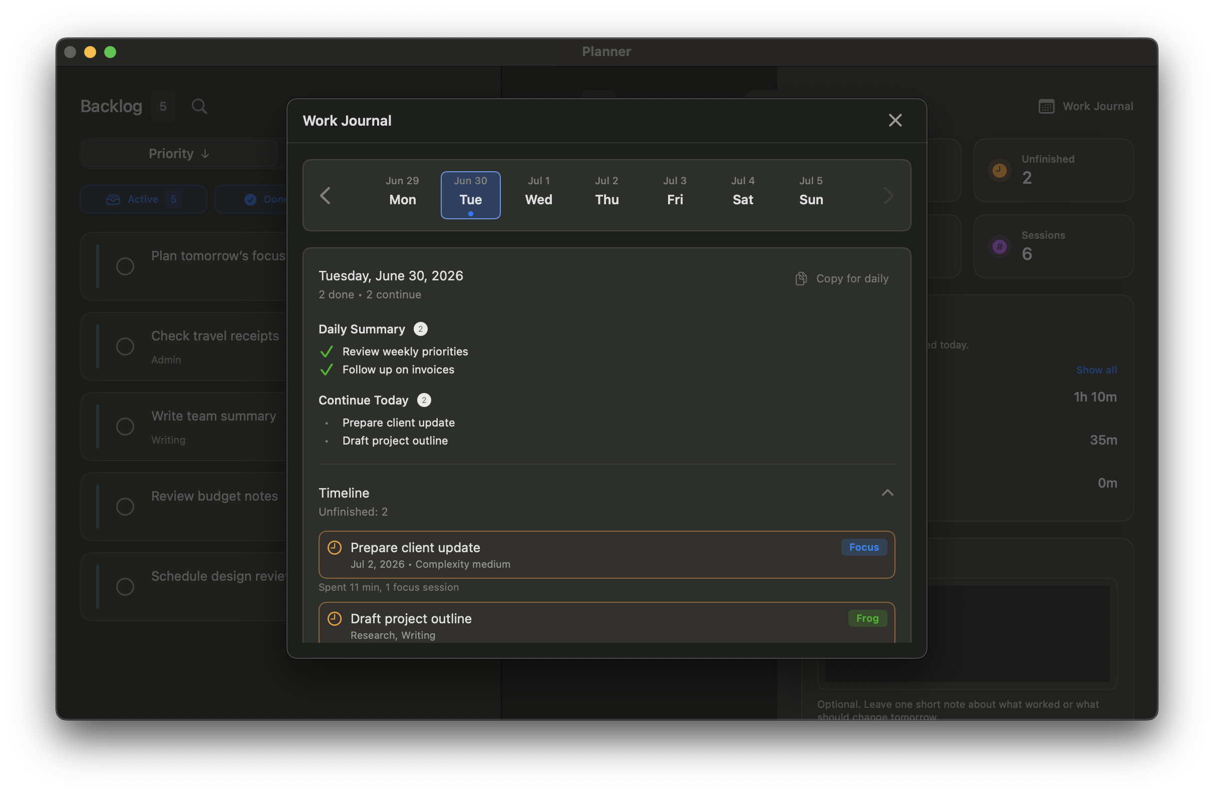 Workframe Work Journal showing completed tasks and continuing work in dark mode.