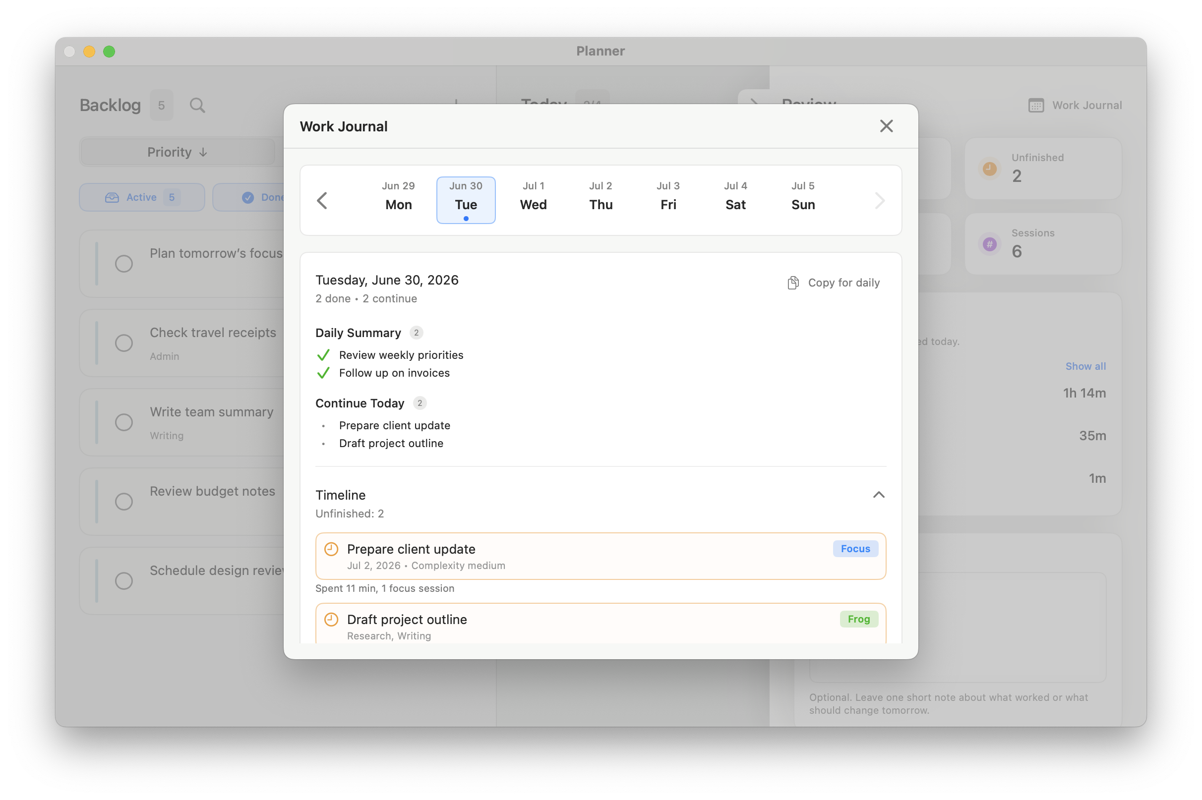 Workframe Work Journal showing daily summary and timeline in light mode.