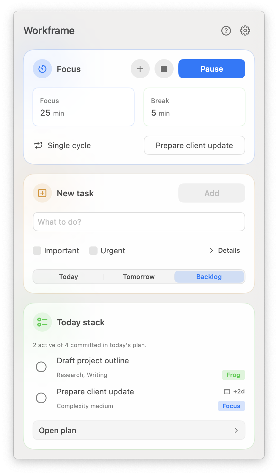 Workframe menu bar popover with a running focus session and Today stack.